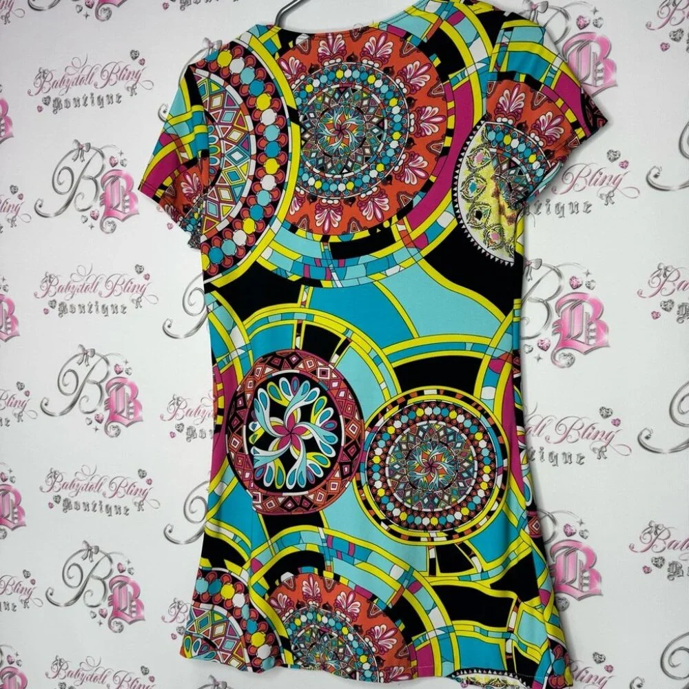 Sunny Taylor dress psychedelic bright groovy paisley circles boho print - Picture 2 of 8